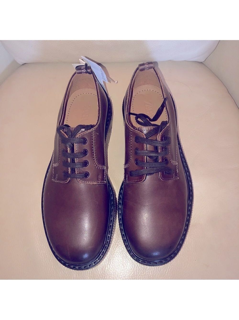 Zara Unisex Leather Brown Loafers Chunky Heel M 7